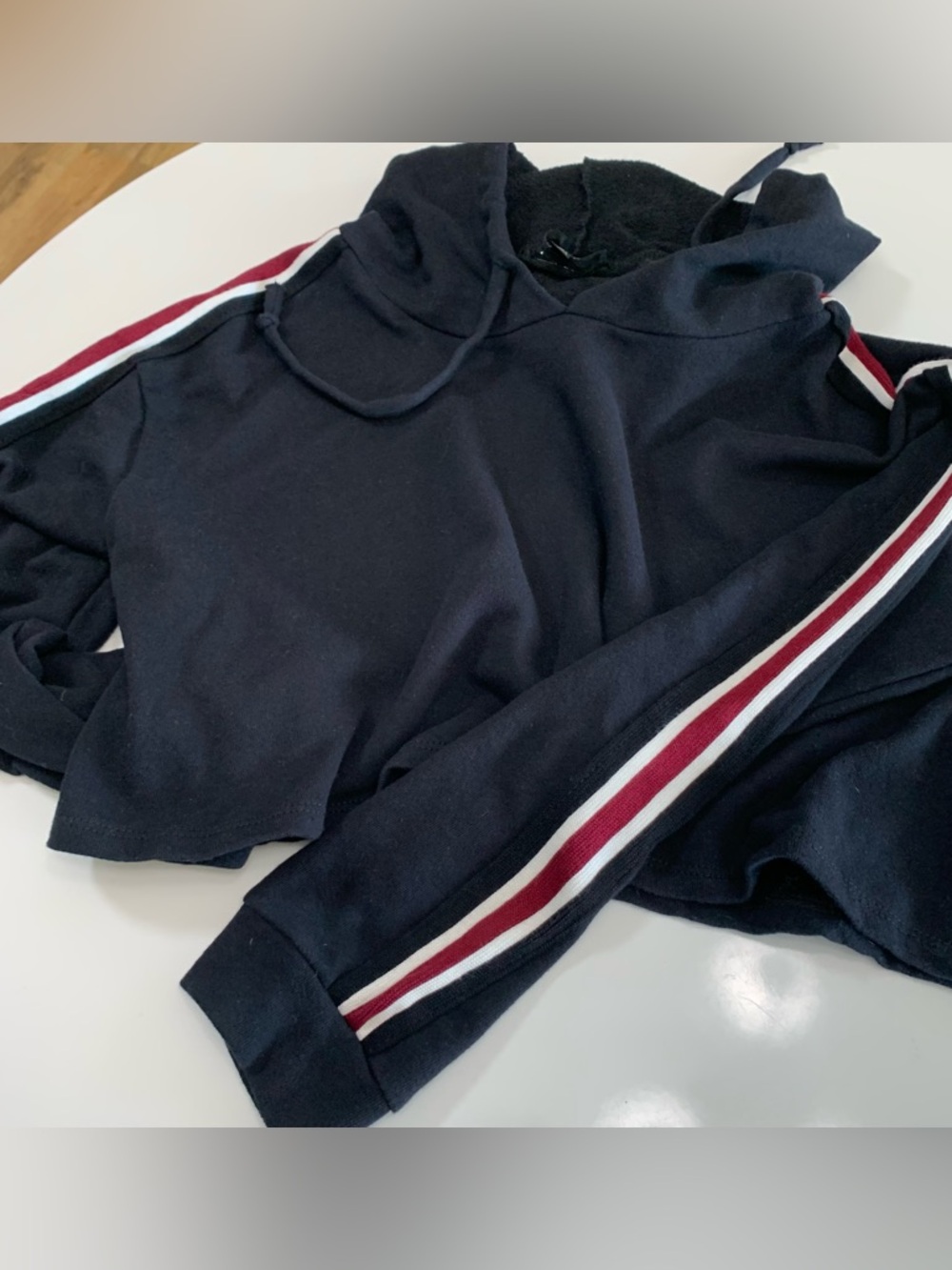Papaya Navy Striped Sleeve Hoodie Crop Top - Picture 3 of 3